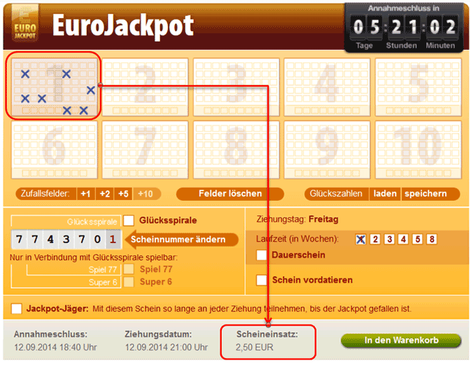 Kosten für ein Kästchen EuroJackpot